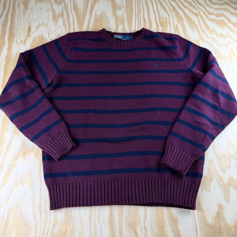 Polo Ralph Lauren Mens Striped Crewneck Sweater Burgundy Navy Blue Large Pony L‎